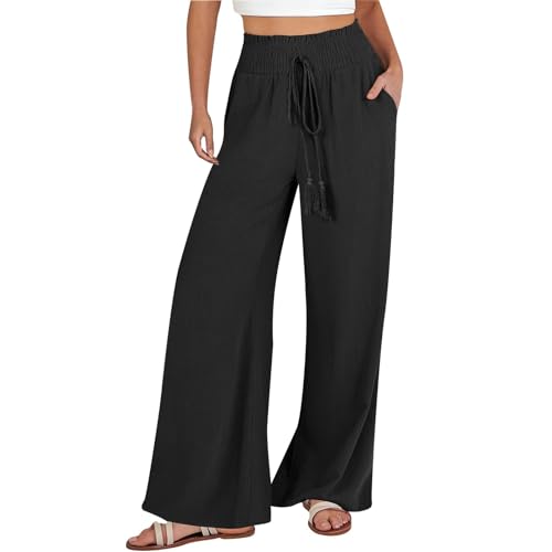 Damen High Waist Freizeithose Weites Bein Relaxhose Leicht Wide Leg Leinenhose Lang Frauen Bequeme Elegante Outdoor Elastisch Taille Hosen Atmungsaktiv Frühling Sommer Damenhose (Black-a, S)