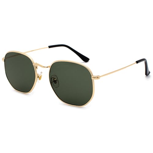 JCTAIFOO Mode Polygon Sonnenbrille für Herren und Damen Leichter Sechseckiger Metallrahmen UV400 Schutz Brille Gold/Dunkelgrün