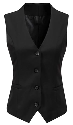 Gowjog Damen Weste Anzugweste Gefüttert Button Up V-Ausschnitt Smoking Vintage Jacke Dressy Ärmellos Westen(Schwarz,L)