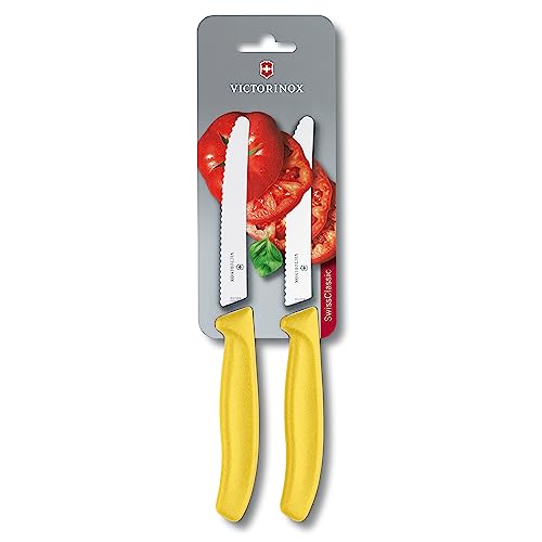 Victorinox Swiss Classic, Profi Tomaten- und Tafelmesser, Extra Scharfe Klinge, Wellenschliff, 11 cm, Rostfreier Stahl, gelb