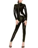 ORANDESIGNE Damen Wetlook Leder Jumpsuit Silber Body Leggings Latex Catsuit Lack Overall Reißverschluss Langarm Bodysuit Frauen Sexy Dessous Gogo Clubwear C Schwarz L