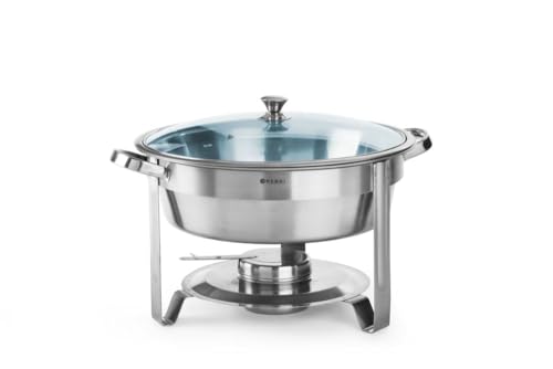 HENDI Chafing Dish, Rund, mit Glasdeckel mit einem Brennpastenbehälter und Lebensmittelpfanne, Warmhaltebehälter, Speisewärmer, Behälter, Silber, 3,5L, ø390x(H)270mm