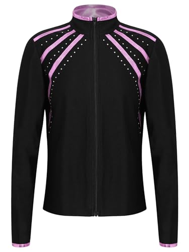 FEESHOW Kinder Mädchen Eiskunstlauf Jacke Glitzer Mit Strass Langarm Eiskunstlauf Sportjacke Slim Fit Eislauf Oberteile Thermojacke Top Rosa_B 122-128