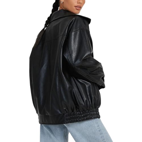 Vintage Y2K Damen Lederjacke Polo-Kragen, Oversized-Passform, Lange Länge Modische Kunstleder Motorrad Bikerjacke für Herbst Winter Trendiger Bombermantel, Perfekte Streetwear (Color : Schwarz, Size