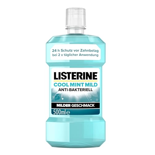 LISTERINE Cool Mint Mild (500 ml), antibakterielle Mundspülung mit ätherischen Ölen & ohne Alkohol, mildes Zahnpflege Mundwasser, reduziert Zahnbelag, bekämpft wirksam Mundgeruch