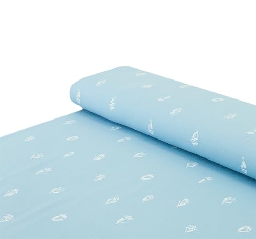 Baumwoll - Jersey Stoff Segelboote maritim hellblau - Meterware ab 25 cm x 150 cm - Stoff zum Nähen