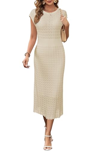 Newshows Sommerkleider Damen Hohlstrick Freizeit Arbeit Kleid Business Elegantes Midikleid Apricot,S