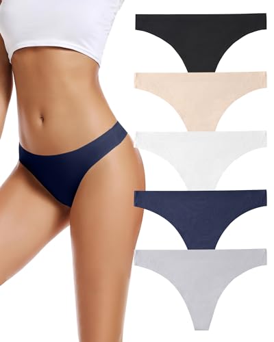 VOENXE Tanga String Damen Mehrpack,Nahtlose Unsichtbare Frauen Unterwäsche,Mehrfarbig No Show Seamless Atmungsaktiv Thong Slip 5er-Pack Set