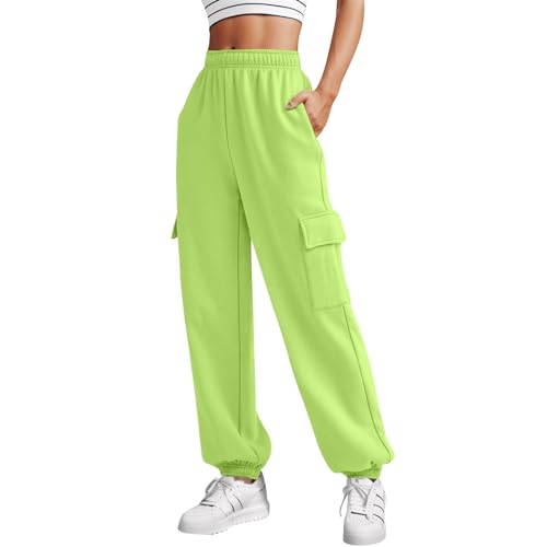 QWUVEDS Damen Sporthose Jogginghose Laufhosen Gummibund Sweathose mit Taschen Stoffhose Lange Yoga Hosen Sweathose mit Taschen High Waist Bequeme Lockere Freizeithose Fitness Loungewear S,B2-Grün