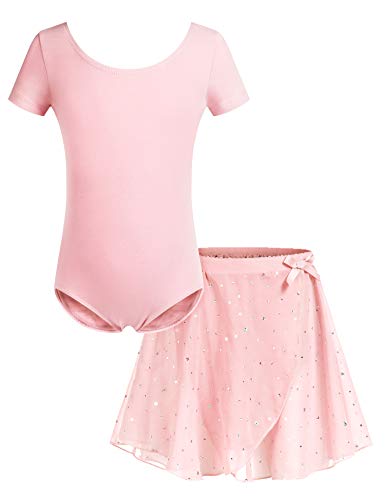 Bricnat Ballettkleidung Ballettkleid Mädchen Ballettkostüme Kinder Ballett Trikot Kurzarm Tanzkleid Baumwolle Balletttrikot mit Chiffon Wickelrock Tütü Rosa 130