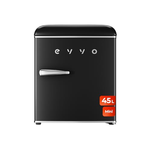 EVVO Mini-Kühlschrank, Retro-Design, 45 Liter, Vintage-Stil, energiesparend, leise, Temperaturkontrolle, Raumorganisator, Mini-Kühlschrank, F20 Retro, Schwarz