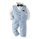 Volunboy Baby Anzug Jungen Anzugweste Hemd mit Fliege für Festlich Hochzeit Bekleidung Set 4tlg（12-18 Monate，Blau-Plaid，Größe 80）