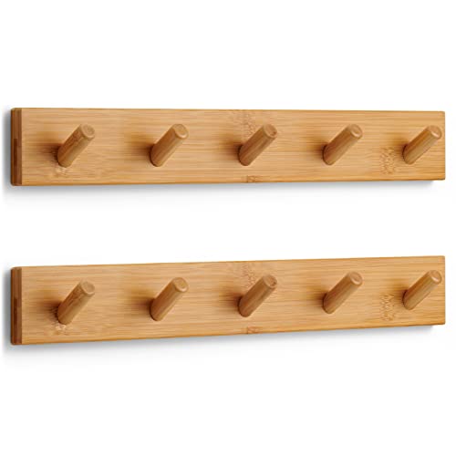 LARHN Garderobenhaken Holz (2 Stück) - Garderobenleiste Holz mit 5 Haken - 43 cm - Kleiderhaken Wand - Wandgarderobe für Flure, Garderoben, Schlafzimmer und Badezimmer