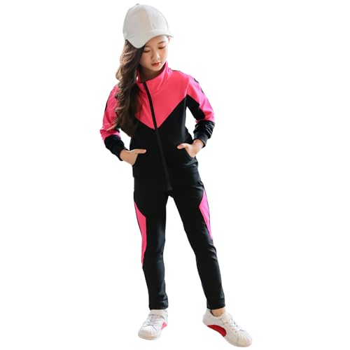 SXSHUN Mädchen Trainingsanzug Kinder Jogginganzug Sportanzug Zweiteiliges Bekleidungsset Freizeit Anzug Sportjacke&Sweathose, Rosa, 134-140