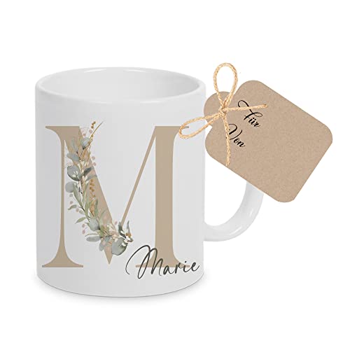 Manufaktur Liebevoll Tasse personalisiert mit Buchstabe Tasse mit Name Kaffeetasse personalisiert Namenstasse Geschenk Keramik Frau Sie (Motiv Eukalyptus)