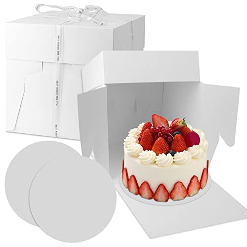 Towviy 2 Stück Tortenschachtel mit Tortenbrett und 2 Bänder Weiß Tortenkarton Kuchenbehälter Tortenschachtel Dessert Box Geschenkbox Verpackungsbox für Torten Cake Kuchen(30 * 30 * 30cm)