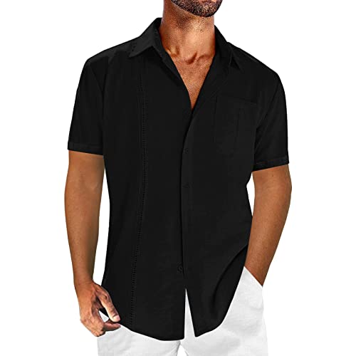 Generisch Leinenhemd Herren Kurzarm Sommer Hemd Button Down Regular Fit Freizeithemden Strand Leinen Shirt Herren Hemd Kurzarm Schwarz Klassisches einfarbiges Design