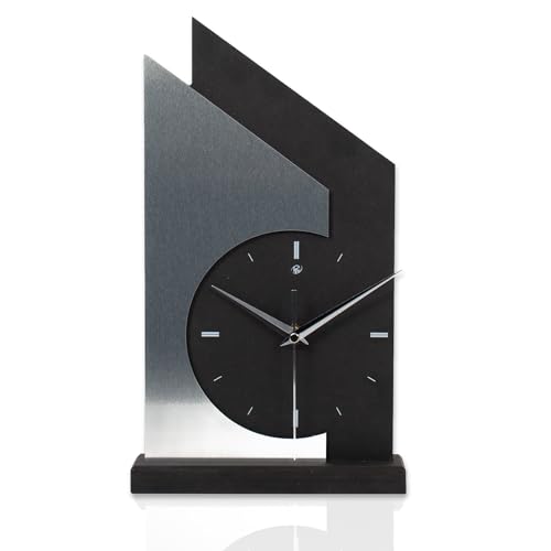 Kreative Feder Standuhr „Skyscraper“ aus Holz – Schwarze Tisch-Uhr mit silberfarbener Applikation aus gebürstetem Alu; Größe ca. 34,5x20x5cm (Applikation Alu Silber, leises Funkuhrwerk)