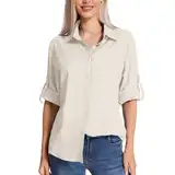 yeyity Damen Hemdbluse UV Schutz Langarmshirt Damen Schnell Trocknende Sport Shirts Wandershirt Safari Casual Button Up Tops Strandurlaub Elegant Bluse(5019,Light Khaki,3XL)