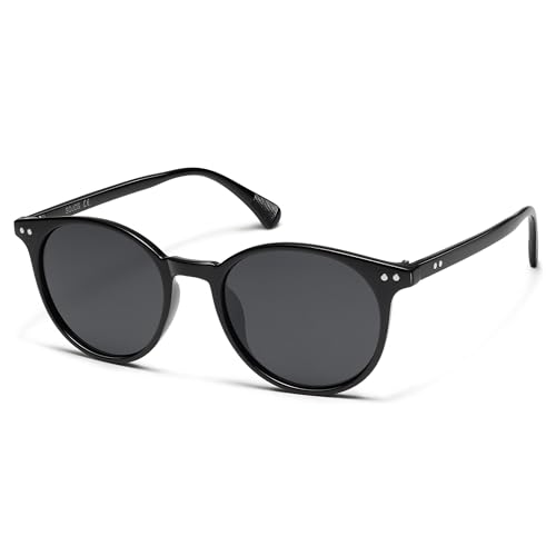 SOJOS Polarisiert Runde Sonnenbrille Damen Herren Retro Vintage UV400 Schutz Runde Kleine für Schmales Gesicht MAY SJ2113 mit Schwarzer Rahmen/Graue Linse