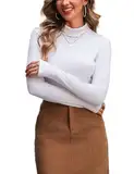 Terecey Damen Rollkragen Langarmshirt Baumwolle Thermounterwäsche Stretch Rollkragenshirt Basic Slim Fit Tops Frühling Hoher Kragen Oberteile mit Daumenloch, Weiß L