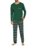 Sykooria Schlafanzug Herren Lang mit Bündchen Zweiteiliger Karierter Pyjama Set, Langarm Shirt & Schlafanzughose aus Baumwolle, D-Grün, M