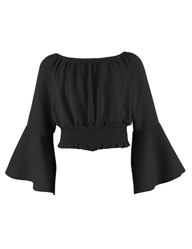 Arshiner Mädchen Langarmshirt Schulterfrei Oberteile Kinder Trägerloses Elegant Slim Longsleeve mit Trompetenärmel Freizeit Bluse Herbst Winter Mode Shirt für Mädchen 11-12 Jahre Schwarz
