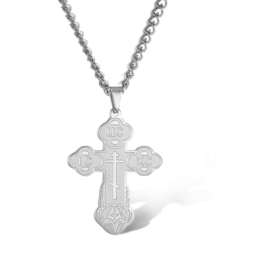 SIPURIS Orthodoxe Kreuz-Halskette für Männer, Jesus Christus, orthodoxer Kruzifix-Anhänger, Edelstahl, religiöser, christlicher Schmuck, Geburtstagsgeschenk (Silber)