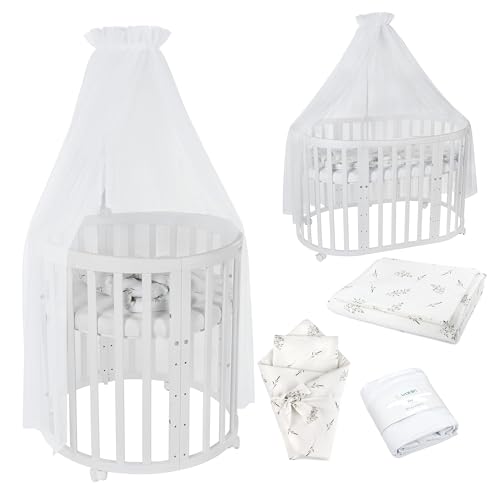 Waldin Oval Baby-Bett Mitwachsend Komplett Set 7in1, Gitterbett, Kinderbett mit Matratze, Wickelkommode, Beistellbett, Holz Weiß, Stoffe Weiß Zweige