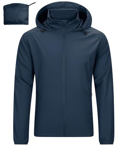 33,000ft Leichte Regenjacke Herren Wasserdicht Atmungsaktiv -Männer Dünne Outdoor Jacke Faltbar Windbreaker Wanderjacke Laufjacke zum Reisen Wandern Golf Dunkelblau L