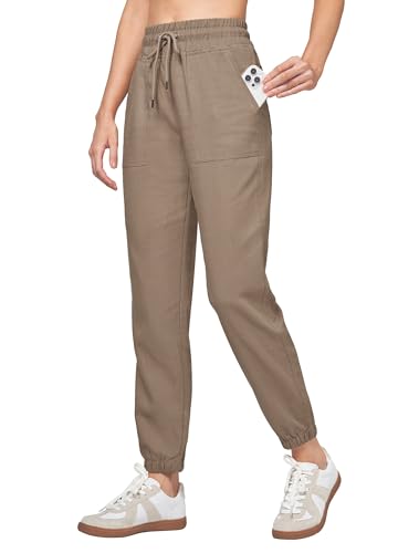 WILLIT Jogginghose Damen Baumwolle Leinen Hosen Jogger Sporthose Lässig Sweatpants Leichte Hosen Trainingshose Lounge Reisen Sommer Hosen mit Taschen Dunkelkhaki L