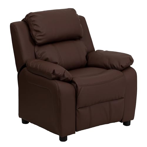 Flash Furniture Deluxe Padded Contemporary Kids Recliner with Storage Arms, Leather, Brown, 66.04 x 53.34 x 53.34 cm