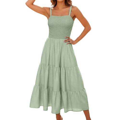 maxikleid Damen, Sommerkleid Damen Lang Elegant Strandkleid Sexy Spaghettiträger Kleid Leicht und Luftig Tunikakleid Ärmellos a Linie Chiffonkleid Sommer Party Damenkleider Große Größen, Grün, M
