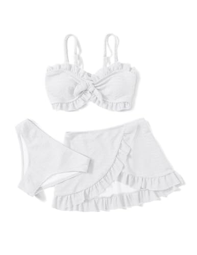 Arshiner 3er Bikini Set Mädchen Badeanzug Krawatte Front RuffleTrim Bikinioberteil mit Triangel Bikinihose und Rock Kinder Bademode Badebekleidung Weiß 13-14 Jahre