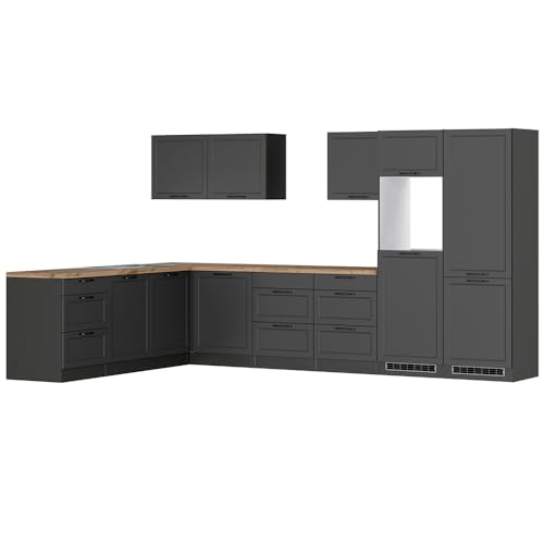 Lomadox Winkelküche Küche Einbauküche Küchenzeile L-Form 360/240 cm in grau, Arbeitsplatte in Eiche