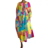 Bekleidung Damen Sale Kleid Damen Langarm Sommer Kleider Lang Freizeit Lose Sommerkleid Boho Maxikleid Elegant Drucken Rundhals Strandkleid mit Taschen Bodycon Kleid Damen Langarm weiß