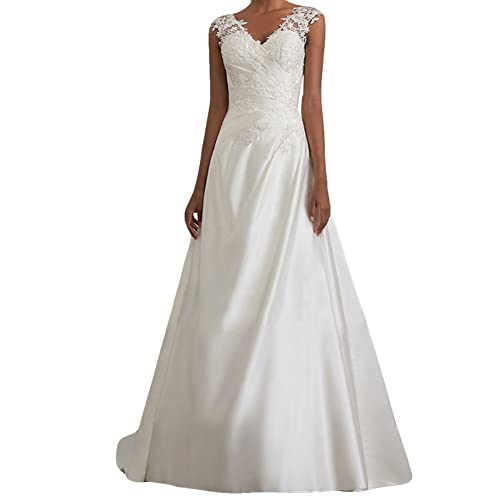 YOUCAI Damen Abendkleider Hochzeitskleid V-Ausschnitt Romantisches Elegant Partykleid Lang Spitze Maxikleid Brautkleider,Weiss,EU48