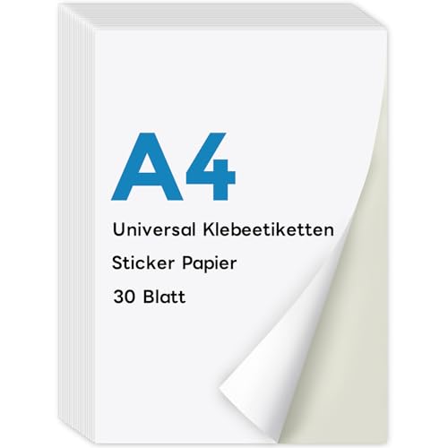 KTRIO A4 Sticker Papier zum Bedrucken 30 Blatt, Stickerpapier zum Selbstklebende Etikettenpapier Super selbstklebend, Bedrucken Sie Ihre Eigenen, Aufkleber für Laser und Tintenstrahldrucker