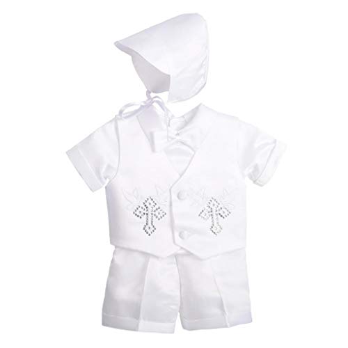 Lito Angels Baby Jungen Taufkleidung Taufe Anzug mit Taufhaube, 4 Teiliges Satin Taufanzug Weiß, Strass Kreuz Muster, Kurzarm, Größe 12-18 Monate 86