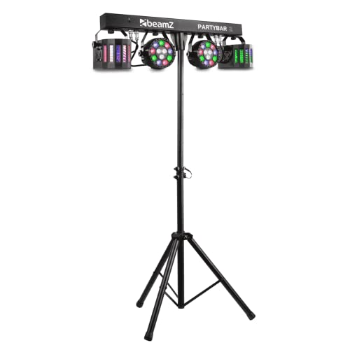 BeamZ Partybar 2 - DJ Lichtanlage, Disco Party Licht, Partybar, Bühnenbeleuchtung Set, 2x LED PAR und 2x Derby, RGBW, DJ Lichteffekte mit Stativ, Discolicht Musikgesteuert, LED Bar, DJ Licht