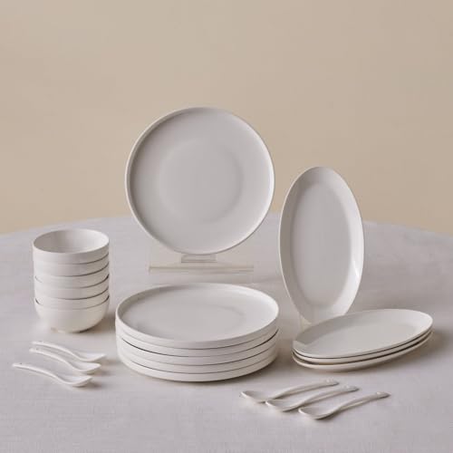 Karaca Forever Bone Fika 22-teiliges Tafelservice für 6 Personen, Elegantes Frühstücksset aus Edlem Porzellan mit Tellern, Schalen und Servierplatten