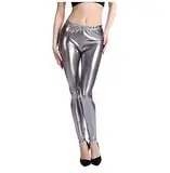 QWUVEDS elastische Kunstleder-Leggings-Hosen für Frauen, reizvolle Schwarze Taille Strumpfhose Hose Damen Sommer Weit (Silver, XL)