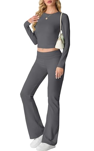 IWOLLENCE Hausanzug Damen Jogginganzug Set Lounge Set 2 Teiler Sportanzug Damen Y2K Outfit Homewear mit Crop Top und Schlaghosen (Dunkelgrau, M)