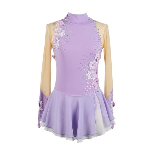 purpleq Eiskunstlauf Kleid Mädchen Kürkleid Strass Gymnastik Leotard Rollkunstlauf Wettbewerb Tanzanzug Eiskunstlauf Zubehör Ballerina Kleid Latein Tanzkleid,Light Purple,M