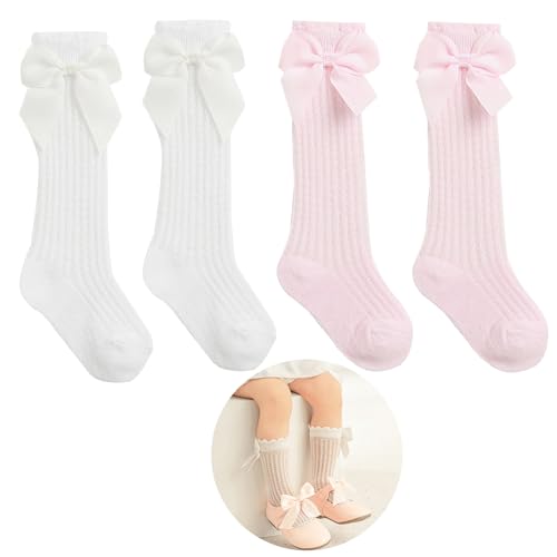 DHWEKU 2 Paare kniestrümpfe baby kniestrümpfe kinder kniestrümpfe mädchen Baby Mädchen Kniestrümpfe Kleinkind Kleid Socken Baby Schleife Strumpf Baumwolle Säuglingssocken