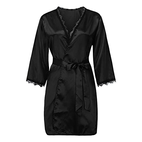 Pyjamas Mode Robe Frauen Sexy Ärmel Spitze Lange Satin Patchwork Nachtwäsche Dessous Reizwäsche Große Größen (Black, L)