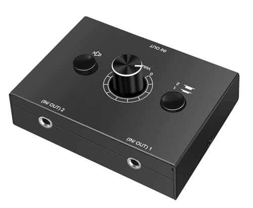 UNSTINCER 3,5mm Audio Switch 2(1)-In-1(2)-Out, Analog Stereo Sound Umschalter mit Volume Knopf Mute Button, ab Aux Selector Schalter Umschaltung für Radio Phone Lautsprecher Kopfhörer PC