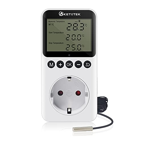 KETOTEK Steckdose Thermostat mit Tag Nacht Zeitschaltuhr, Digital Temperaturregler Steckdose 230V mit Fühler, Heizung Kühlung Temperaturschalter Timer für Terrarium Reptilien Inkubator