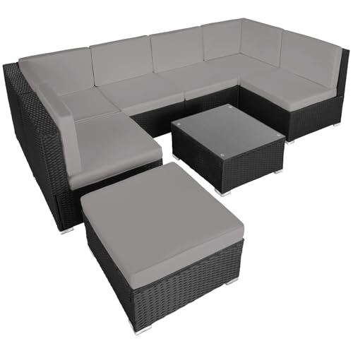 tectake XXL Polyrattan Lounge, Gartenmöbel Set, Sitzgruppe, Balkon Möbel mit 6 Sitze 1 Tisch 1 Hocker, inkl. Sitzkissen, Gartenlounge Outdoor, wetterfest, für Garten, Balkon, Terrasse - schwarz/grau