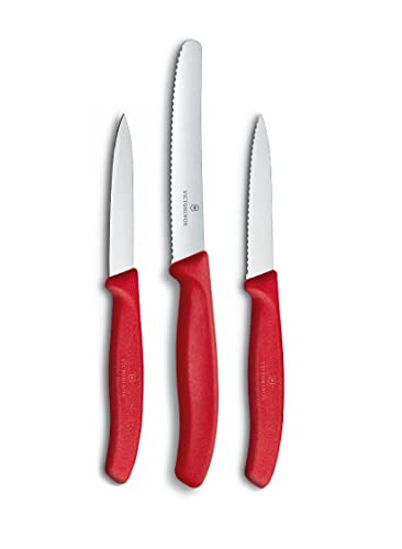 Victorinox Swiss Classic Gemüsemesser Set, 3-teilig, gerader Schliff, Extra Scharf, Robuster Kunststoffgriff, rot